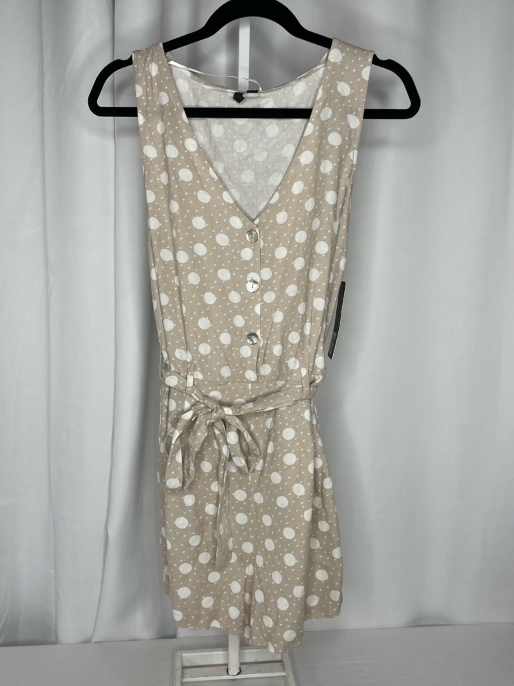 Vero Moda Polka Dot Romper Beige White Button Front Tie Waist Boho Casual L